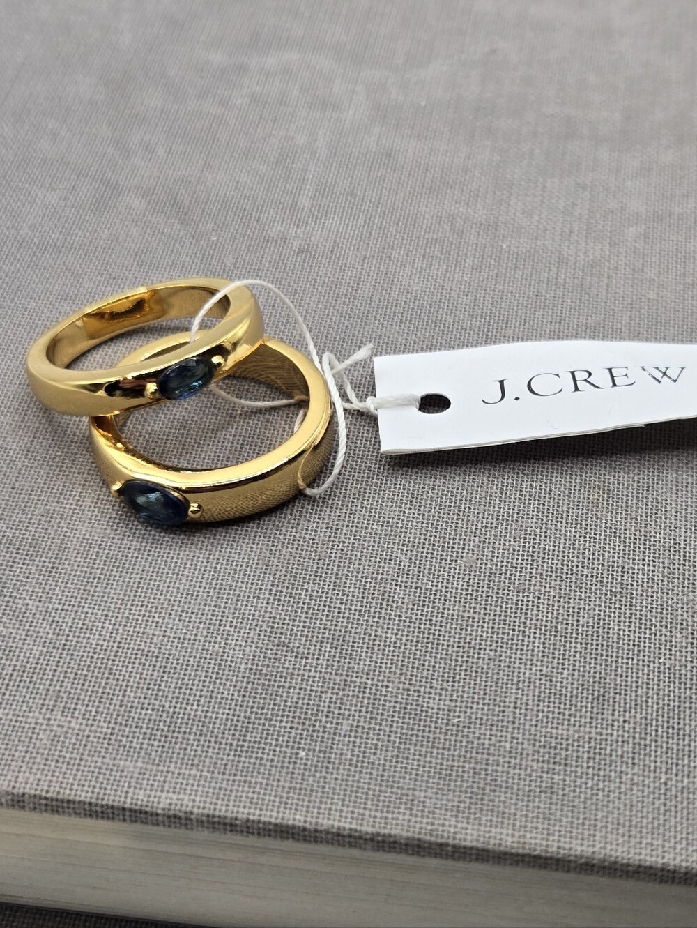J.Crew Blue Crystal Ring Set Victorian Revival Size 5.5/6 Rich Gold Plated Brass